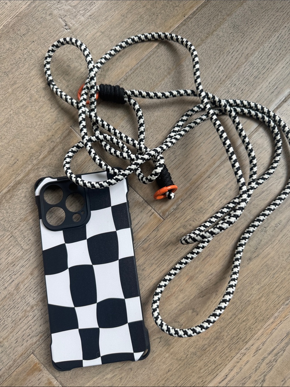 Iphone 15 Promax Black & White Checker Phone Case with Matching Neck Strap